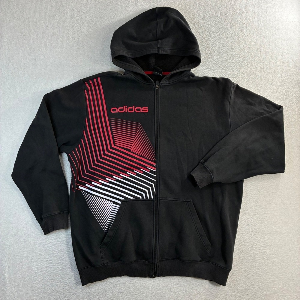 Y2K Adidas Full Zip Hoodie Men XL Black Red Sweatshirt Jacket Vintage Streetwear